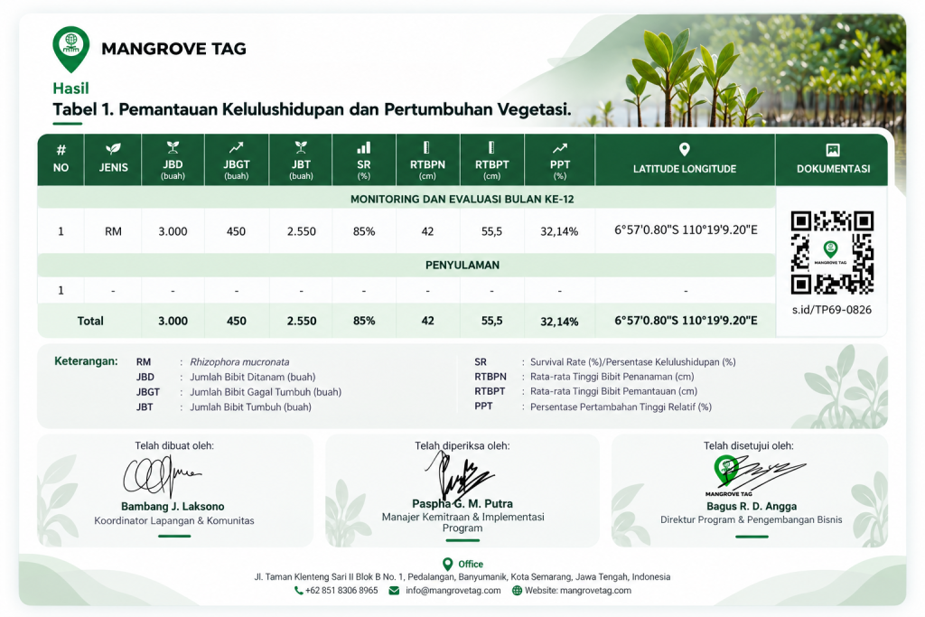 Laporan hasil penanaman dan pemantauan mangrove berkala Mangrove Tag yang menampilkan tingkat kelulushidupan, pertumbuhan bibit, dan dokumentasi kegiatan.